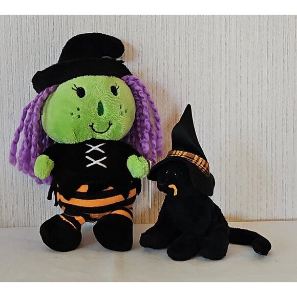 Dan Dee Wicked Witch and Ty Black Cat In Hat Plush Lot Halloween Green Doll - Picture 2 of 11